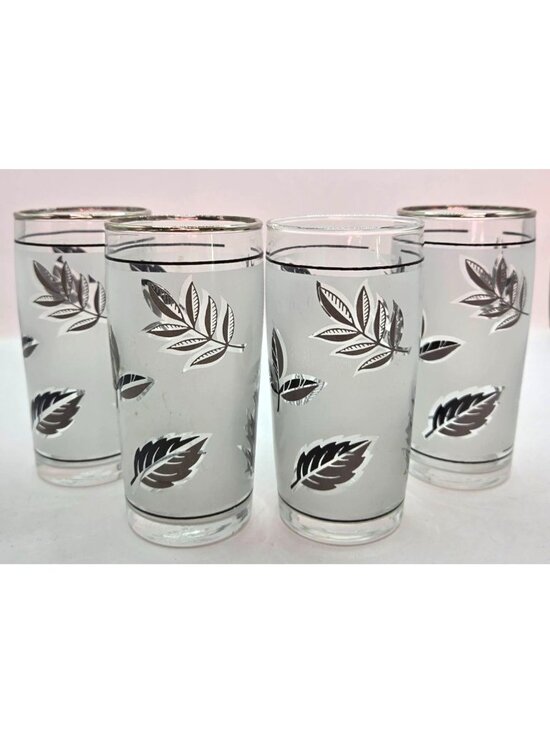 Libbey Other - Vtg Silver Leaf Foliage Highball Glasses Metallic Rim 4" Tall Set of 4 MCM